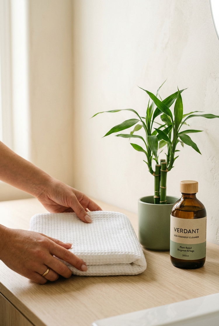 Mâini care așază un prosop alb împăturit lângă o plantă de bambus și o soluție de curățat ecologică